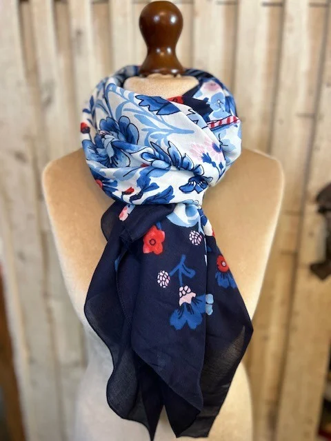 JOULES navy blue floral print pashmina scarf. view 4