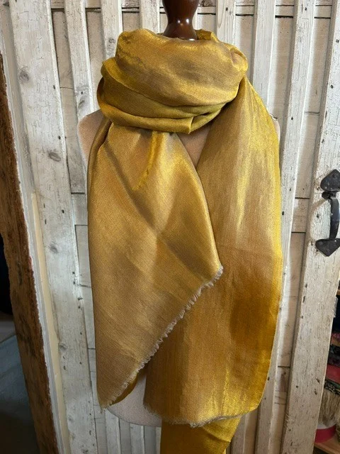 Old gold wool & silk traditional Zari shimmer pashmina shawl by Pashmina Love view 2