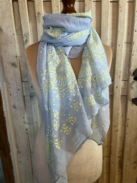 Pale blue & lemon embossed print lightweight floaty scarf pashmina sarong view 4