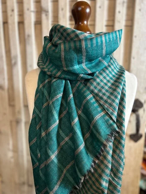 Green check reversible lightweight pure pashmina shawl by Pashmina Love