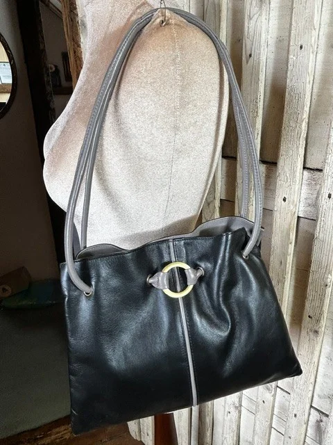 GIGI black & grey buttery soft leather two strap shoulder bag view 2