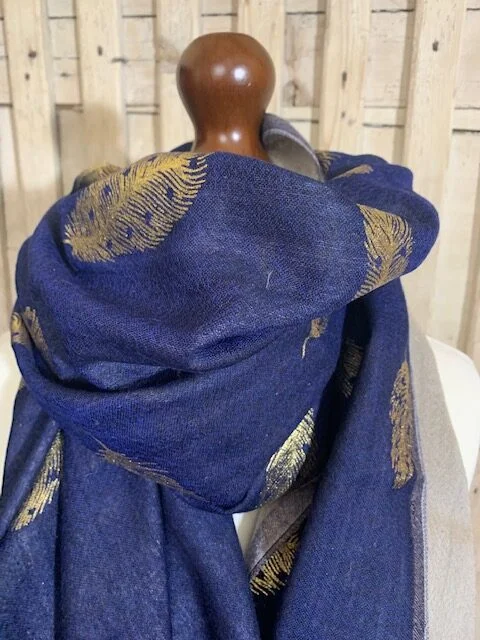 Navy blue reversible merino wool pashmina with foil feather pattern by Pashmina Love view 2