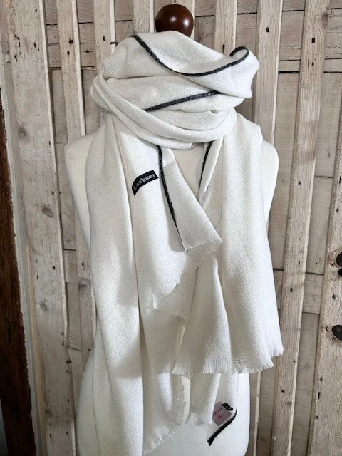Ivory cream fine quality wool black stripe edged pashmina by Pashmina Love.