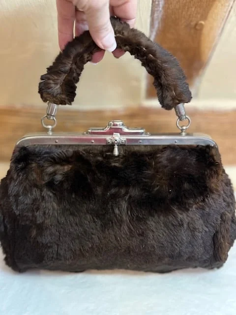 Vintage antique brown faux fur frame top handle handbag & muffler
