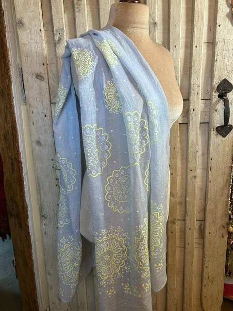 Pale blue & lemon embossed print lightweight floaty scarf pashmina sarong view 3