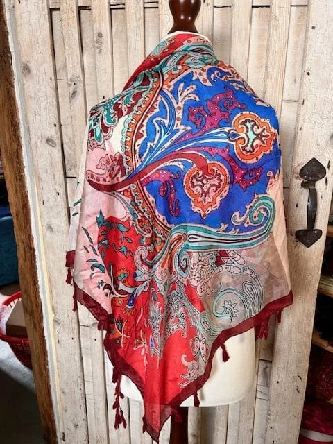 Large red paisley print pure luxury silk tassel edge square scarf shawl view 2