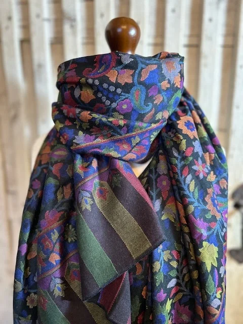 Pure fine woven silk traditional blue multi Kani floral shawl by Pashmina Love
