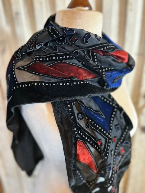 Black silk blend Devore burn out Art Deco pattern scarf