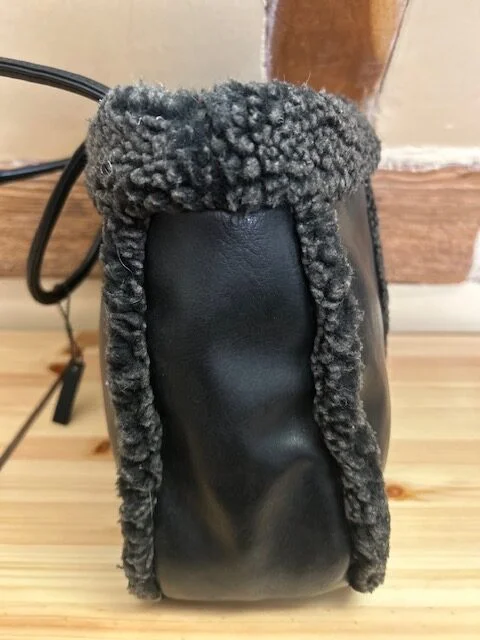 SUZY SMITH black charcoal faux leather & sheepskin top handle bag view 6