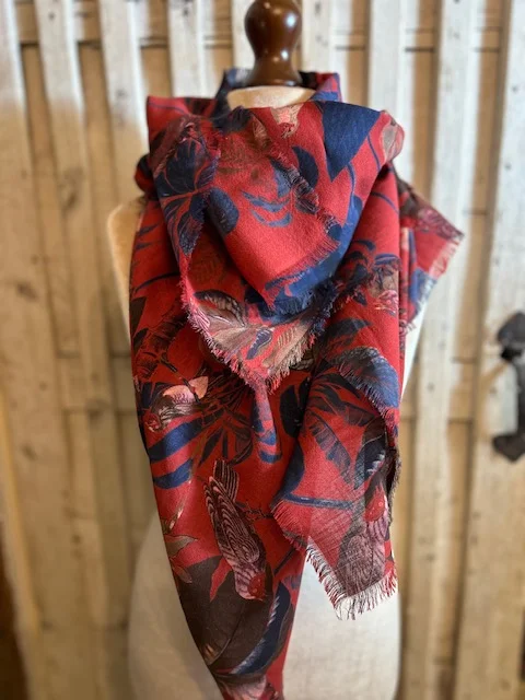 Large rich red multi bird print wool blend pashmina shawl view 5