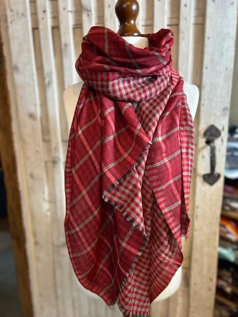 Red check reversible lightweight pure pashmina shawl by Pashmina Love view 2