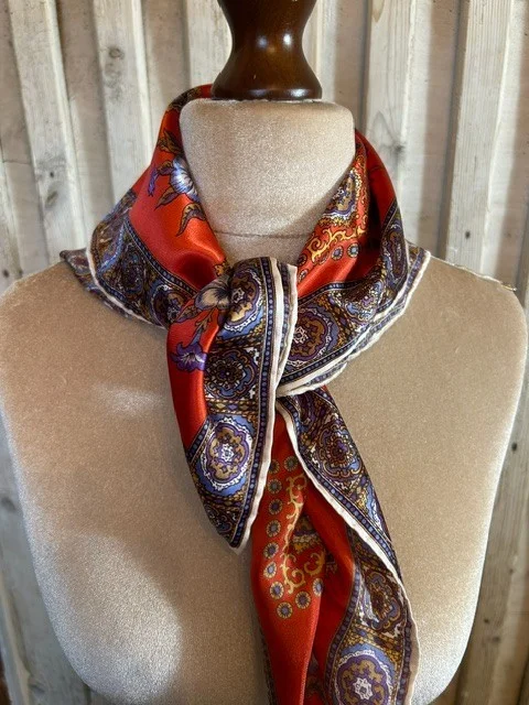 Vintage red multi floral print pure silk hand rolled edges square scarf view 3