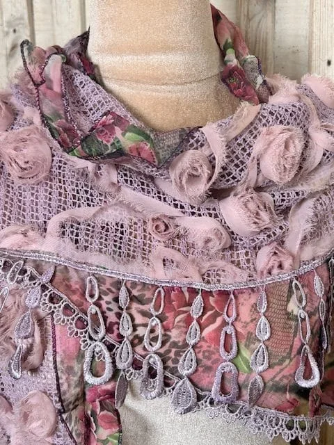 Stunning lilac lavender flower lace knit tassel silk blend occasion scarf view 5