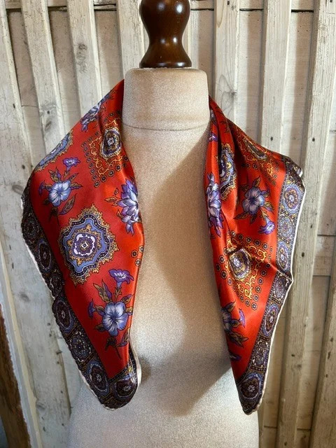 Vintage red multi floral print pure silk hand rolled edges square scarf view 2