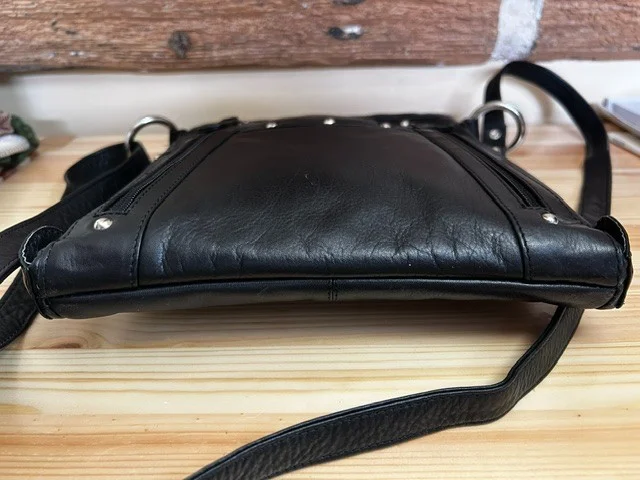 Black leather across body messenger style shoulder bag view 6