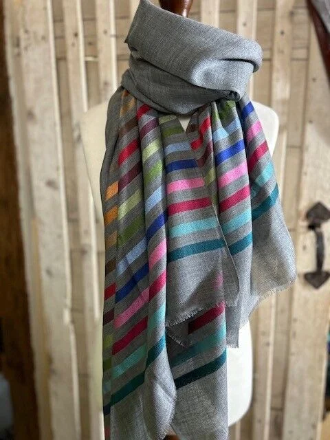 Grey multi stripes fine lightweight wool & silk pashmina by Pashmina Love view 2
