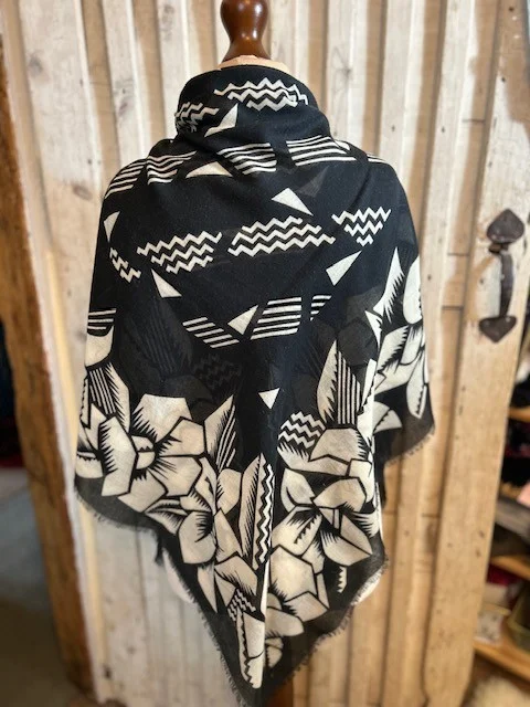 XL Black beige print square fringe edged scarf shawl view 4