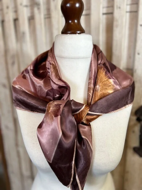 Vintage satin browns beige & golds floral hand finished square scarf accessory view 3