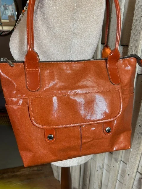 TEXIER burnt orange oilcloth/coated nylon top handle tote shopper shoulder bag view 2