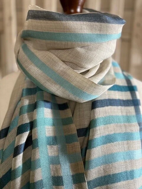 Ecru Turquoise stripe fine lightweight wool & silk pashmina by Pashmina Love