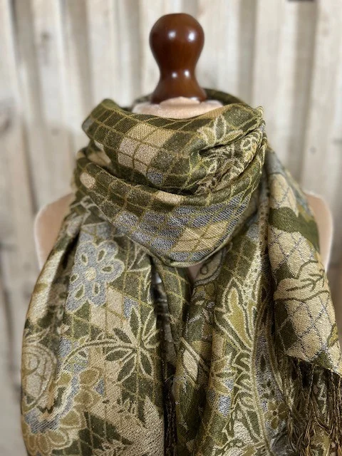 Olive khaki floral check reversible pashmina scarf with gold shimmer thread