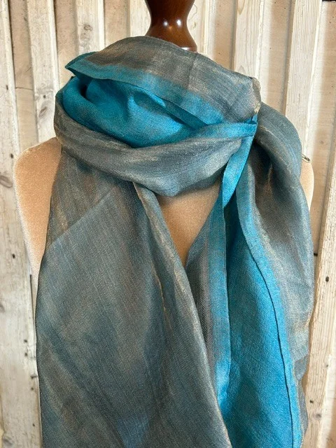 Teal blue wool & silk traditional Zari shimmer pashmina shawl by Pashmina Love
