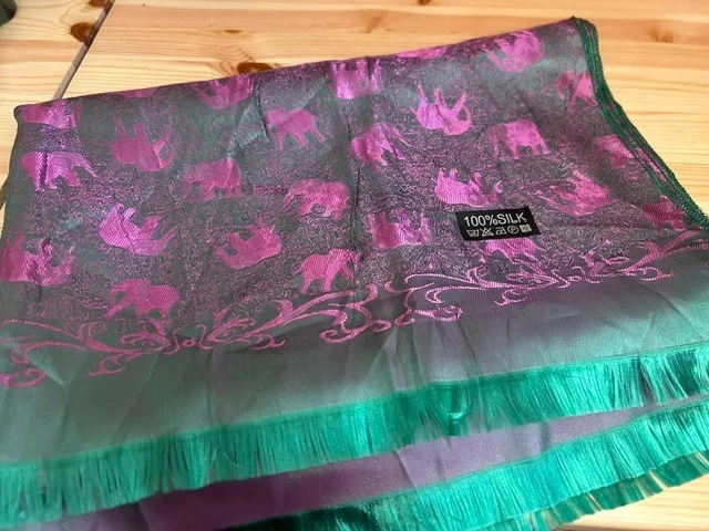 Pure Indian silk green & pink elephant print scarf view 5
