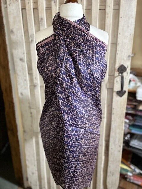 Pure silk dark blue floral square print sarong/pario by Pashmina Love view 2
