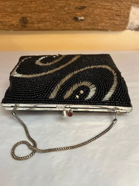 Vintage black swirl beaded evening clutch bag purse handbag view 4
