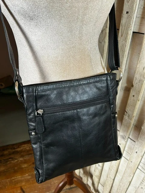 Black leather across body messenger style shoulder bag view 4