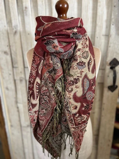 Gorgeous rust tones floral reversible pashmina scarf with gold shimmer thread view 2