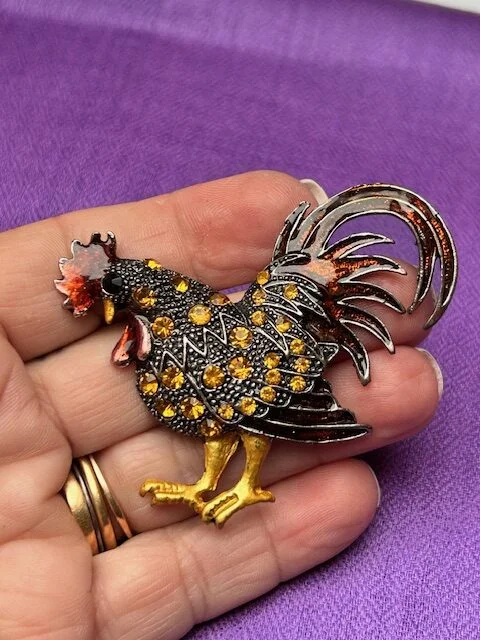 Large enamel crystal embellished cockerel brooch pin view 2