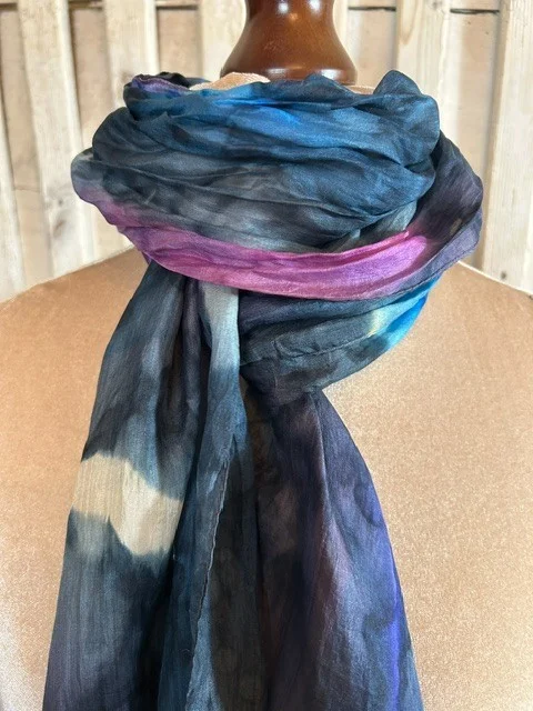 Blue pure silk tie dye print long thin versatile scarf muffler view 2
