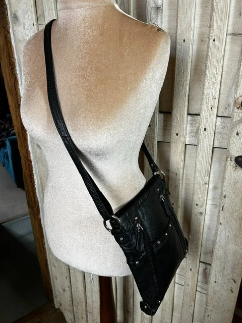 Black leather across body messenger style shoulder bag view 3