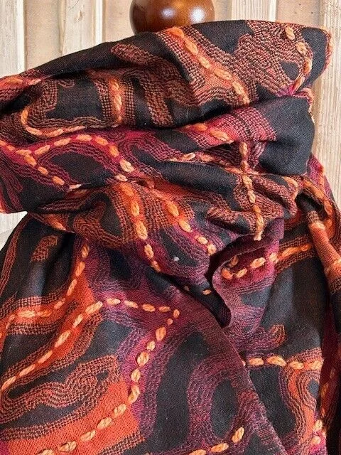 Luxury boiled wool orange fireworks embroidered print pashmina by Pashmina Love.