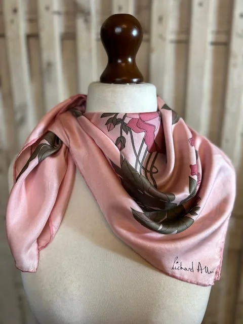Vintage RICHARD ALLAN pink floral pure silk square scarf shawl view 3