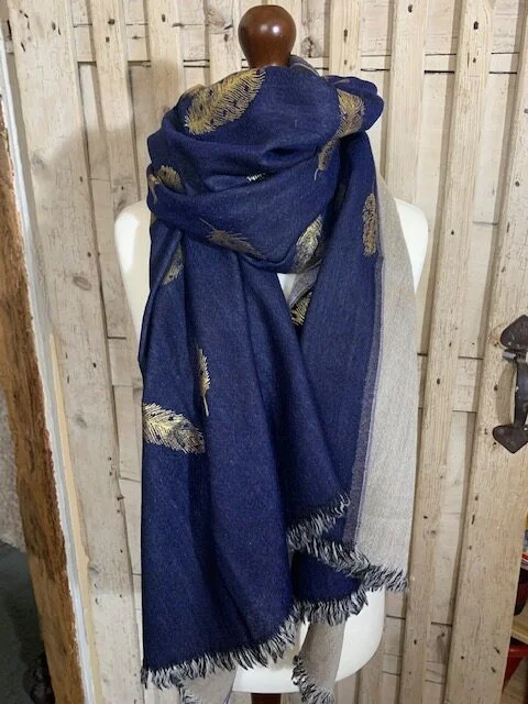 Navy blue reversible merino wool pashmina with foil feather pattern by Pashmina Love