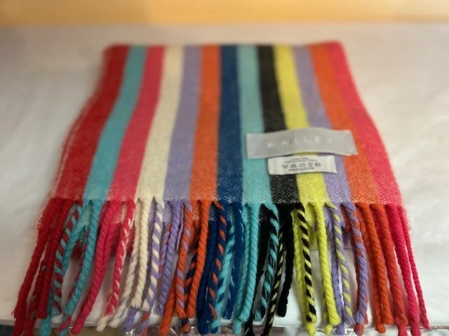 BAILEY pure lambswool striped multi-coloured scarf with tassels. view 4