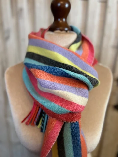 BAILEY pure lambswool striped multi-coloured scarf with tassels. view 2