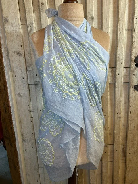 Pale blue & lemon embossed print lightweight floaty scarf pashmina sarong view 5