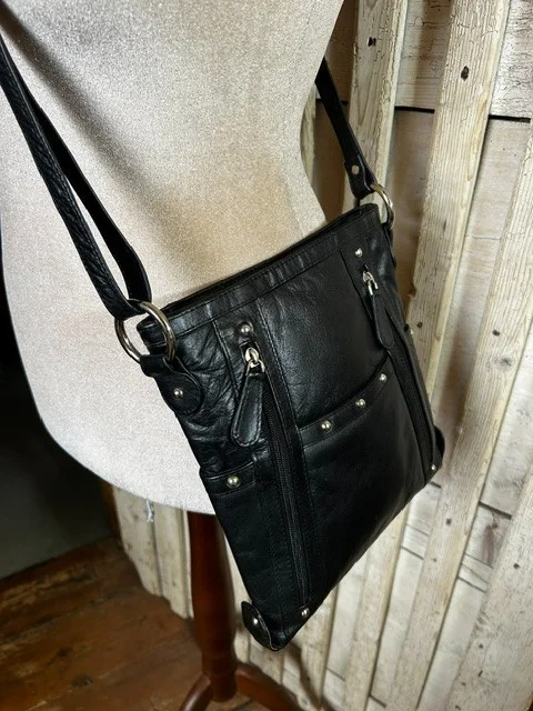 Black leather across body messenger style shoulder bag view 2