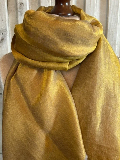 Old gold wool & silk traditional Zari shimmer pashmina shawl by Pashmina Love