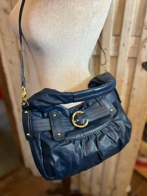 ORIANO French navy blue leather slouch hobo shoulder bag view 7