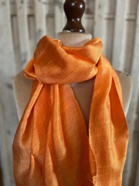 Tangerine orange pure slub silk tassel end muffler scarf view 2