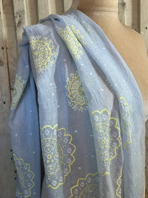 Pale blue & lemon embossed print lightweight floaty scarf pashmina sarong view 2