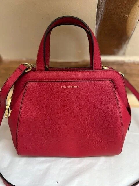 Designer Lulu Guinness red leather across body satchel top handle shoulder bag view 2