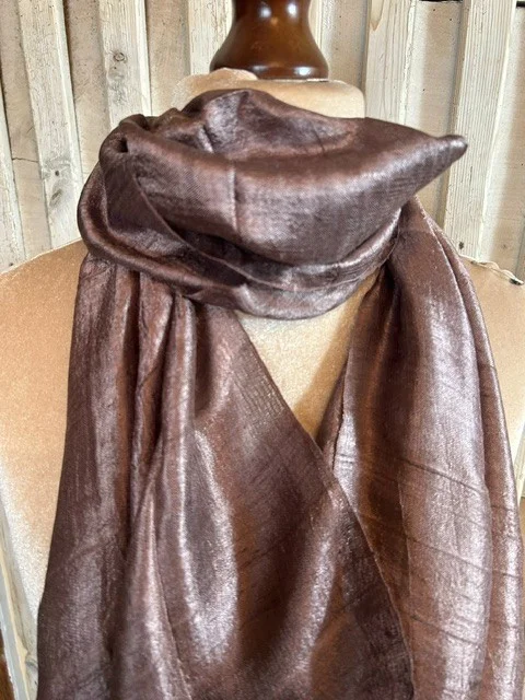 Milk chocolate brown pure slub silk tassel end muffler scarf view 2