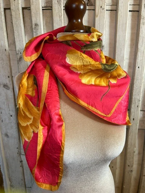 Stunning vintage red & gold bold floral print square scarf view 2