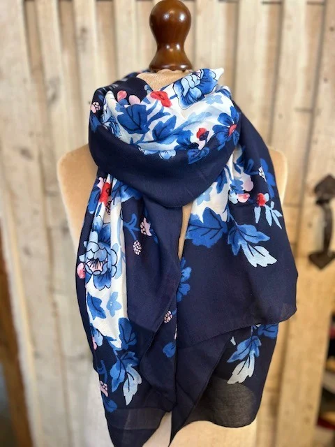JOULES navy blue floral print pashmina scarf. view 3