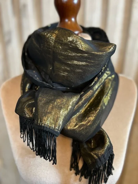 Black gold silky satin evening scarf wrap with black devore flowers & tassels view 4
